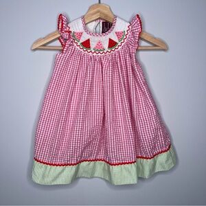Girls Lil Cactus seersucker watermelon smoked bishop dress Pink Checkered Dress